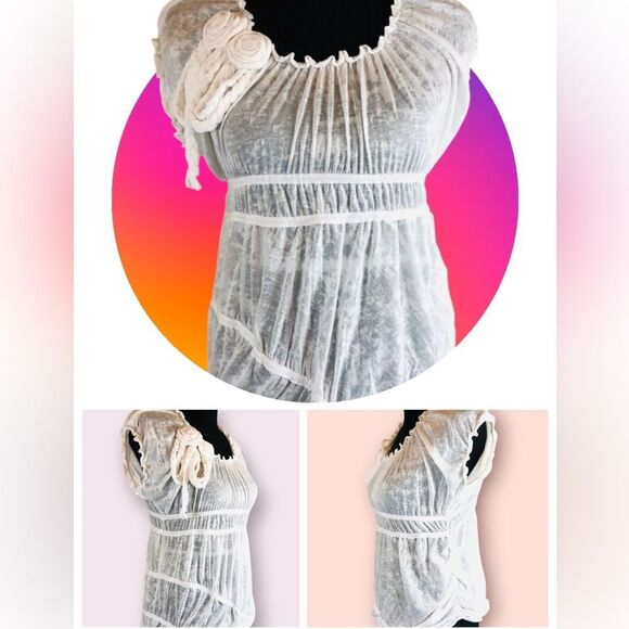 NWT Ryu Sheer White Rosette Shoulder Ruched Tunic Top Size M - Picture 1 of 8